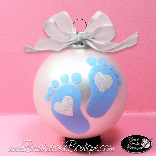Baby Boy Footprints Ornament - Hand Painted Glass Ball Ornament - Original Designs by Cathy Kraemer