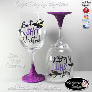 Hand Painted Wine Glass - Bat Wasted - Original Designs by Cathy Kraemer