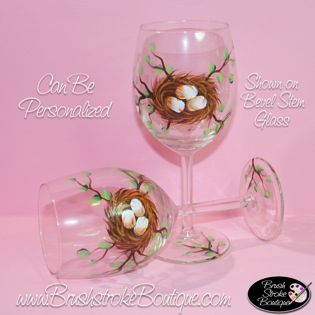 Hand Painted Wine Glass - Birdnest - Original Designs by Cathy Kraemer