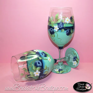 Hand Painted Wine Glass - Blueberries - Original Designs by Cathy Kraemer
