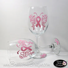Hand Painted Wine Glass - Breast Cancer Butterfly - Original Designs by Cathy Kraemer