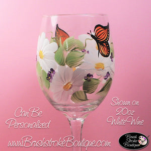 Hand Painted Wine Glass - Butterfly Garden - Original Designs by Cathy Kraemer