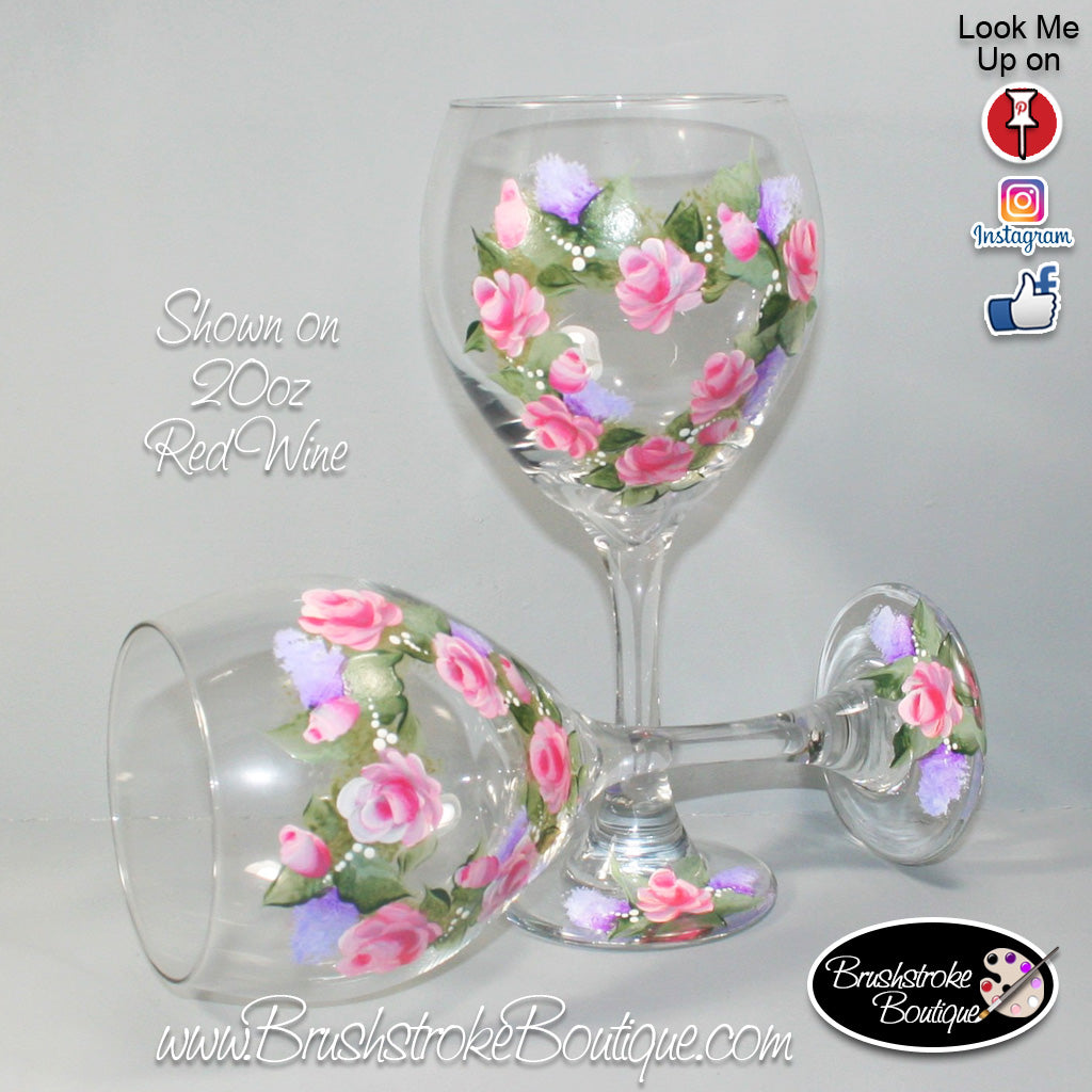 Hand Painted Wine Glass - Floral Rose Wreath - Original Designs by Cathy Kraemer