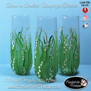 Hand Painted Champagne Flutes - Lily of the Valley - Original Designs by Cathy Kraemer