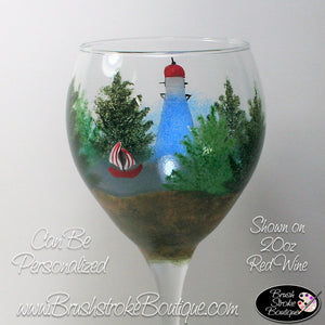 Hand Painted Wine Glass - Marblehead Lighthouse - Original Designs by Cathy Kraemer