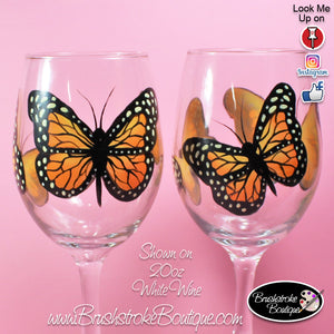 Hand Painted Wine Glass - Monarch Butterfly - Original Designs by Cathy Kraemer