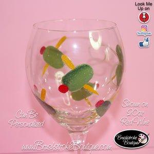 Hand Painted Wine Glass - Happy Hour Olives - Original Designs by Cathy Kraemer