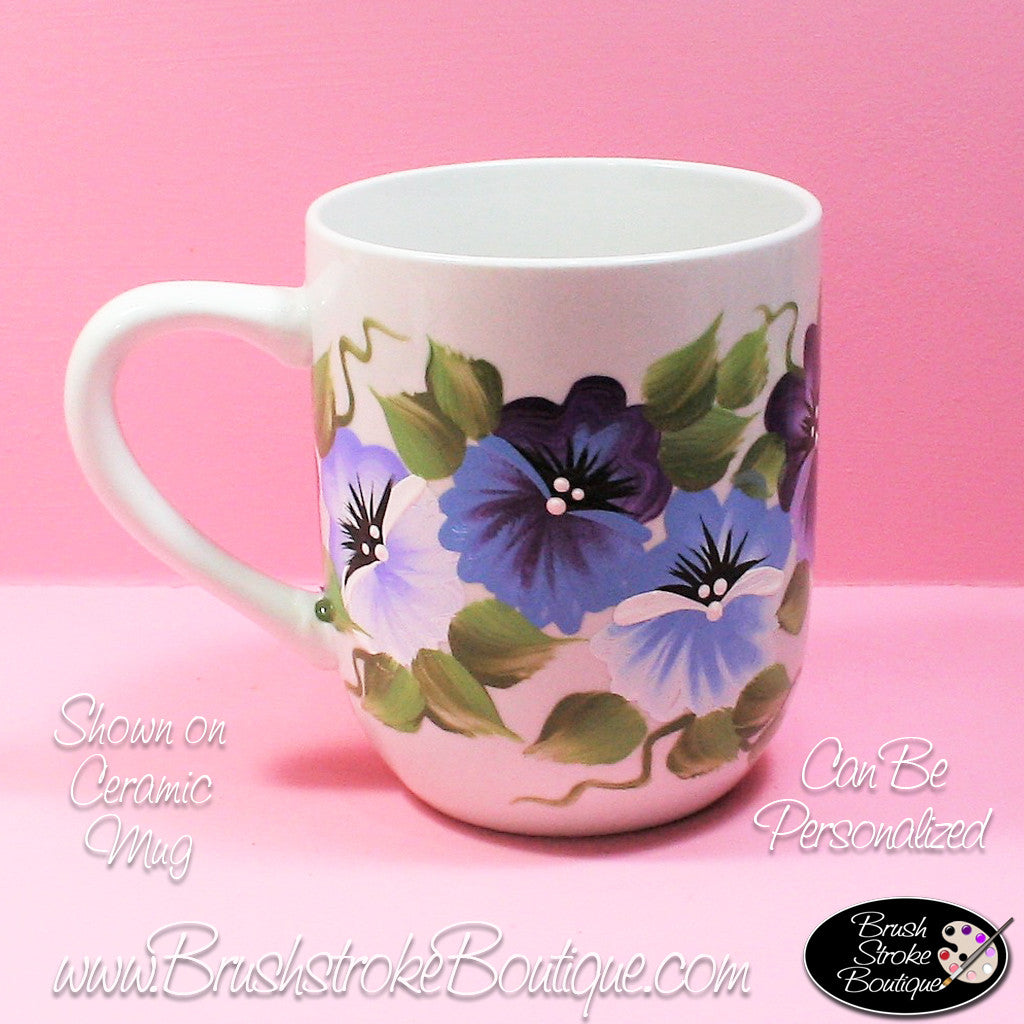 Hand Painted Coffee Mug - Purple Pansies - Original Designs by Cathy Kraemer