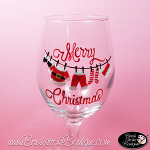 Hand Painted Wine Glass - Santas Clothesline - Original Designs by Cathy Kraemer