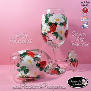 Hand Painted Wine Glass - Strawberries and Daisies - Original Designs by Cathy Kraemer