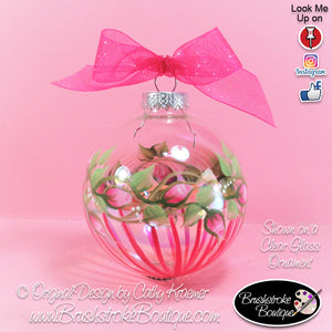 Rosebuds and Stripes Ornament - Hand Painted Glass Ball Ornament - Original Designs by Cathy Kraemer