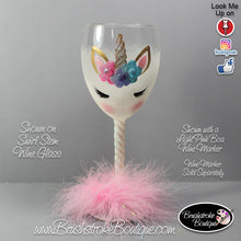 Hand Painted Wine Glass - White Unicorn Face - Original Designs by Cathy Kraemer