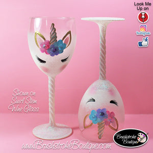 Hand Painted Wine Glass - White Unicorn Face - Original Designs by Cathy Kraemer