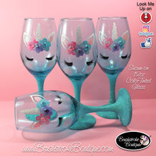 Hand Painted Wine Glass - Teal Unicorn Face - Original Designs by Cathy Kraemer