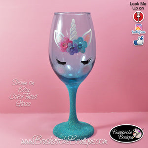 Hand Painted Wine Glass - Teal Unicorn Face - Original Designs by Cathy Kraemer