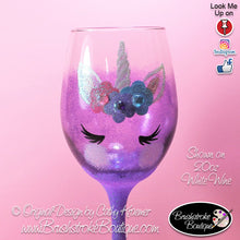 Hand Painted Wine Glass - Purple Unicorn Face - Original Designs by Cathy Kraemer