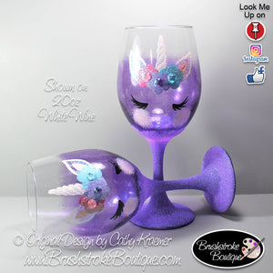 Hand Painted Wine Glass - Purple Unicorn Face - Original Designs by Cathy Kraemer