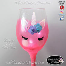 Hand Painted Wine Glass - Pink Unicorn Face - Original Designs by Cathy Kraemer