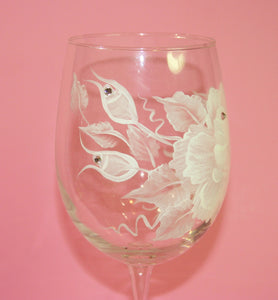 Hand Painted Wine Glass - White Rose - Original Designs by Cathy Kraemer