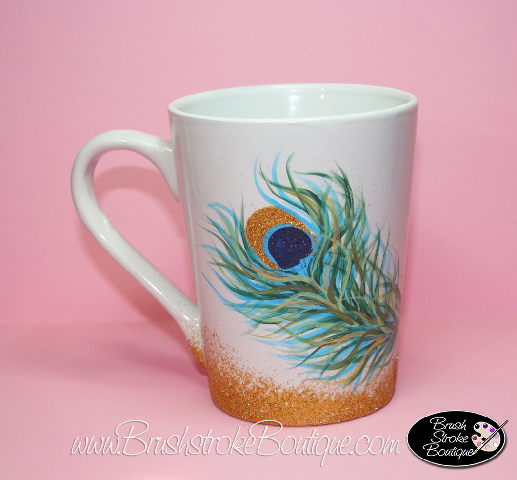 Hand Painted Coffee Mug - Peacock Feather - Original Designs by Cathy Kraemer