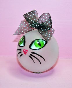 Kitty Cat Face Ornament - Hand Painted Glass Ball Ornament - Original Designs by Cathy Kraemer