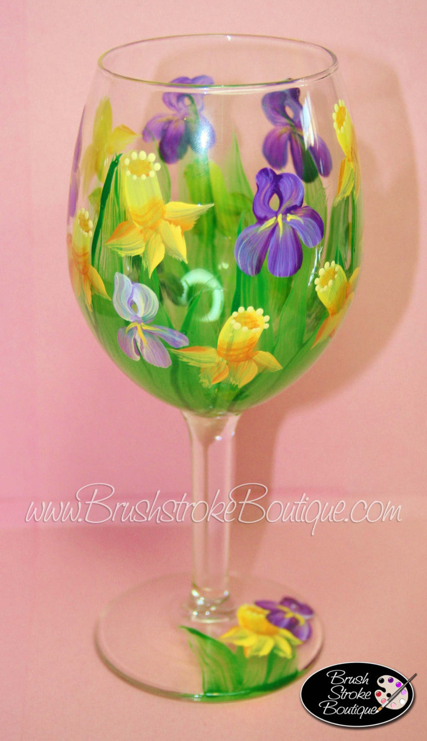 Hand Painted Wine Glass - Daffodils and Irises - Original Designs by Cathy Kraemer