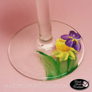 Hand Painted Wine Glass - Daffodils and Irises - Original Designs by Cathy Kraemer