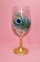 Hand Painted Wine Glass - Peacock Feather Gold - Original Designs by Cathy Kraemer