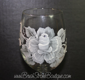 Hand Painted Wine Glass - White Rose - Original Designs by Cathy Kraemer