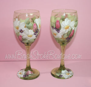 Hand Painted Wine Glass - Daisy Garden - Original Designs by Cathy Kraemer