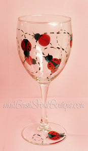 Hand Painted Wine Glass - Ladybugs - Original Designs by Cathy Kraemer