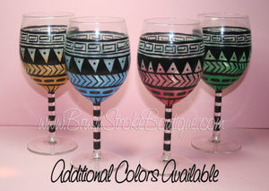 Hand Painted Wine Glass - Aztec Tribal Pastel Pink - Original Designs by Cathy Kraemer