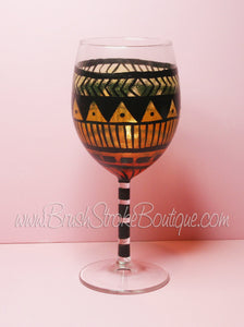 Hand Painted Wine Glass - Aztec Tribal Orange 1 - Original Designs by Cathy Kraemer