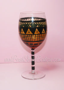 Hand Painted Wine Glass - Aztec Tribal Orange 1 - Original Designs by Cathy Kraemer
