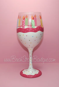 Hand Painted Wine Glass - Birthday Cake - Original Designs by Cathy Kraemer