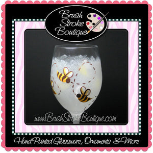 Hand Painted Wine Glass - Bumble Bee White - Original Designs by Cathy Kraemer