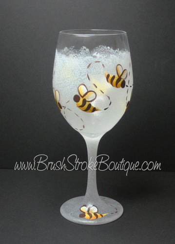 Hand Painted Wine Glass - Bumble Bee White - Original Designs by Cathy Kraemer