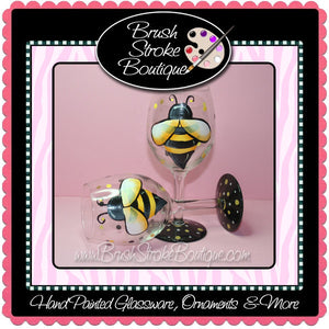 Hand Painted Wine Glass - Buzzy Bee - Original Designs by Cathy Kraemer