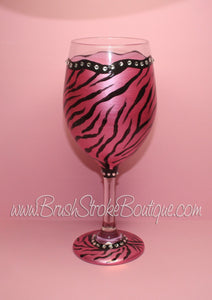 Hand Painted Wine Glass - Zebra Bling Pink - Original Designs by Cathy Kraemer
