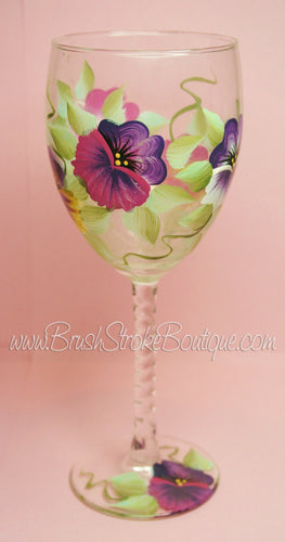 Hand Painted Wine Glass - Pansies - Original Designs by Cathy Kraemer