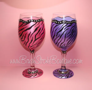 Hand Painted Wine Glass - Zebra Bling Set - Original Designs by Cathy Kraemer