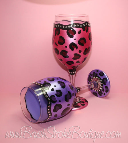 Hand Painted Wine Glass - Leopard Bling Set - Original Designs by Cathy Kraemer