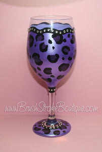 Hand Painted Wine Glass - Leopard Bling Purple - Original Designs by Cathy Kraemer