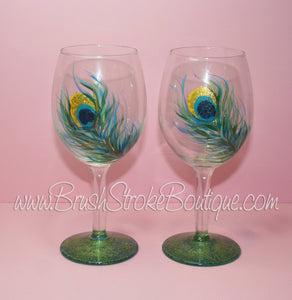 Hand Painted Wine Glass - Peacock Feathers Set - Original Designs by Cathy Kraemer