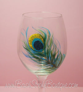 Hand Painted Wine Glass - Peacock Feather - Original Designs by Cathy Kraemercasions