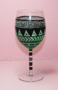 Hand Painted Wine Glass - Aztec Tribal Pastel Green - Original Designs by Cathy Kraemer