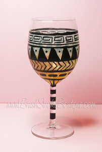 Hand Painted Wine Glass - Aztec Tribal Pastel Orange - Original Designs by Cathy Kraemer