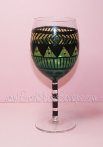 Hand Painted Wine Glass - Aztec Tribal Green 1 - Original Designs by Cathy Kraemer