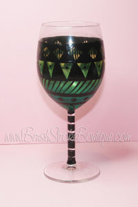 Hand Painted Wine Glass - Aztec Tribal Green 2 - Original Designs by Cathy Kraemer