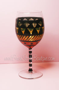 Hand Painted Wine Glass - Aztec Tribal Orange 2 - Original Designs by Cathy Kraemer